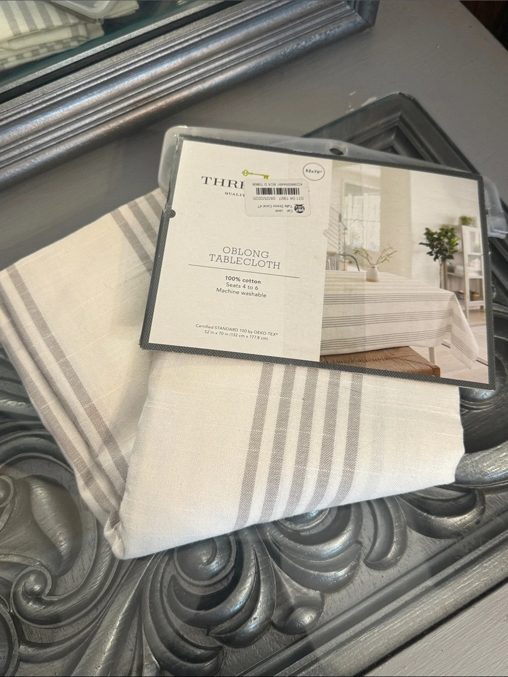 Threshold 52” x 70” White and Gray Striped Oblong Tablecloth